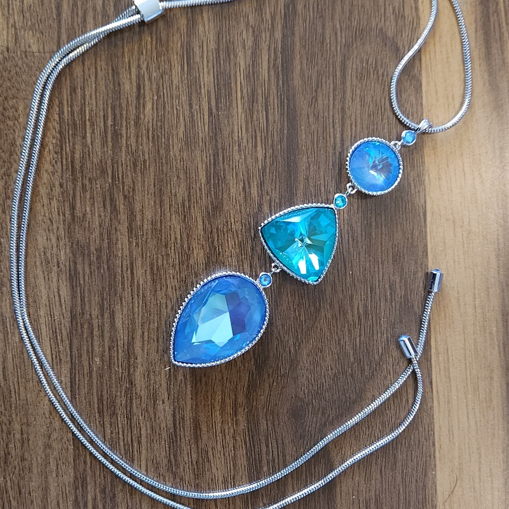 Touchstone Crystal Teardrop and Triangle Blue Pendant Slide Necklace